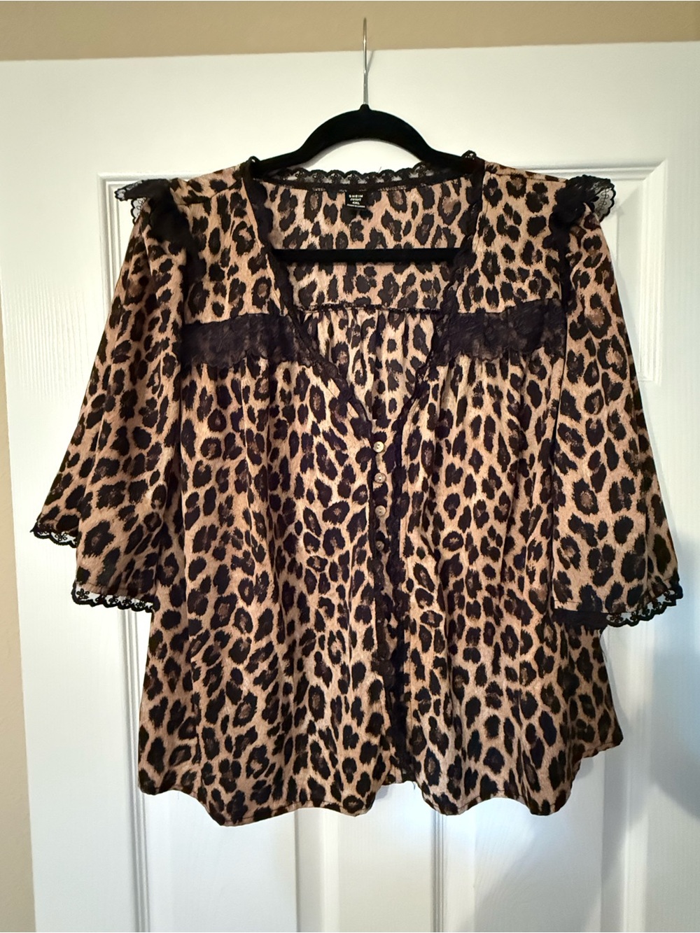 SHEIN Leopard Print Lace-Trim Blouse - Black & Tan